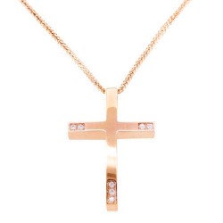 Ροζ χρυσός μασίφ σταυρός Κ14 με αλυσίδα